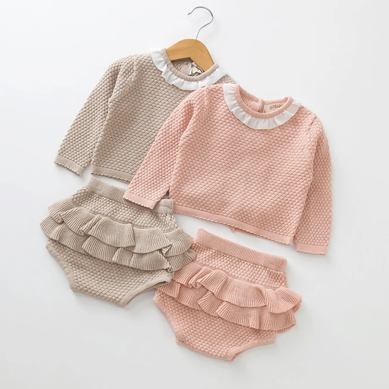 Autumn Spring Toddler Baby Set Knitted Newborn Clothes Girls Boys Clothing Sweater + Shorts 2 pcs Outfits Ruffle | Детская одежда и