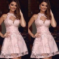 pink homecoming dresses a line high collar tulle appliques lace short mini elegant cocktail dresses