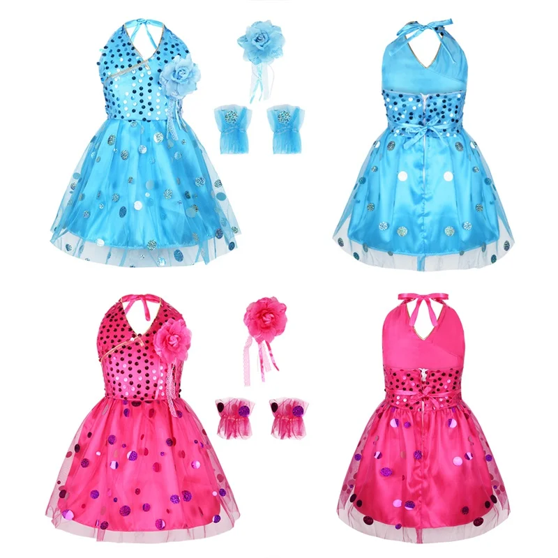 Set of 4 Kids Girls Sleeveless Halter Sequins Tulle Dress with Flower Brooch and Bracelet Outfits SZ 3-12Years | Детская одежда и