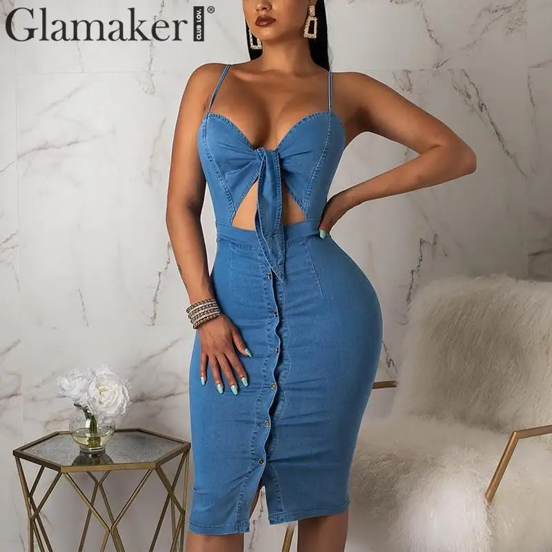 Glamaker, джинсовое, тонкое, с вырезом, миди, сексуальное платье, для женщин, летнее, с бантом, элегантное платье для вечеринки, женское, длинное, с открытой спиной, облегающее, джинсовое платье