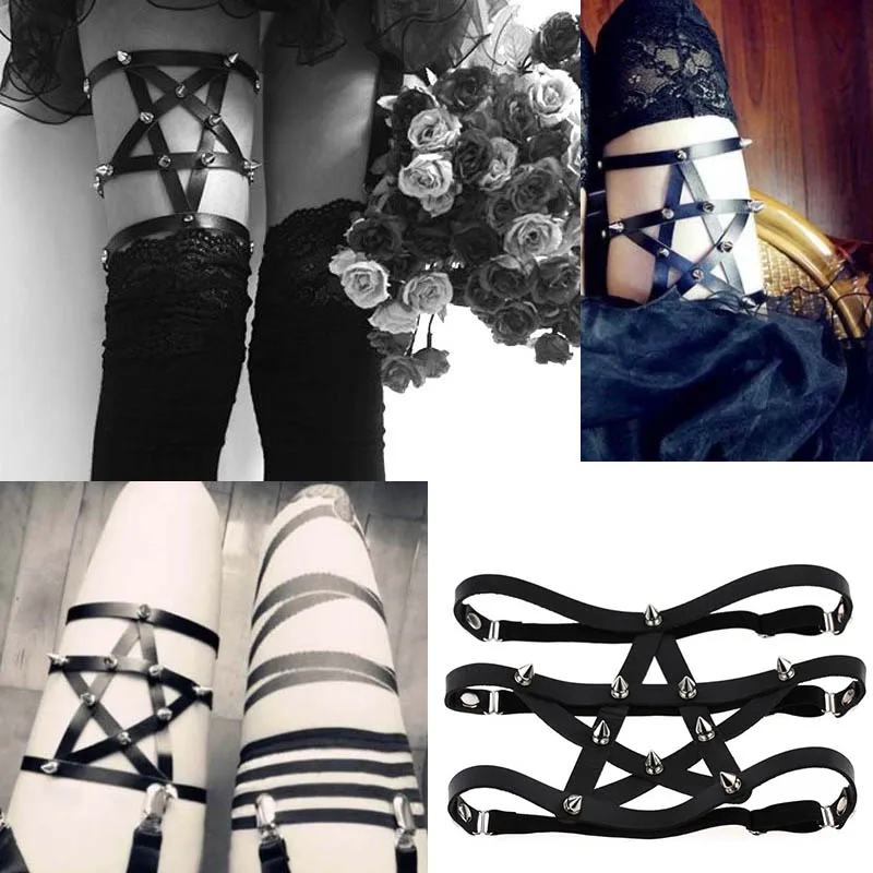 

Pentagram Leather Leg chain Sexy Harajuku Punk leg garter sock Harness Adjustable Bondage cosplay goth jewelry Foot ring Ankle
