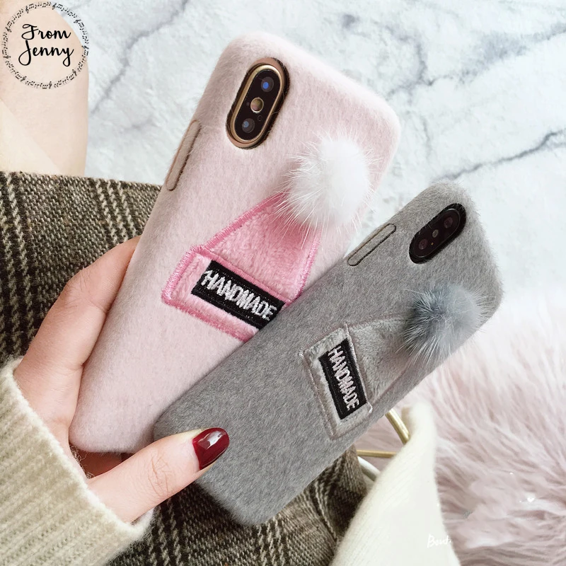 От Jenny 2018 зимняя теплая шапка для телефона чехол iPhone 6 7 8 10 7plus 8plus 6s X мягкая ткань
