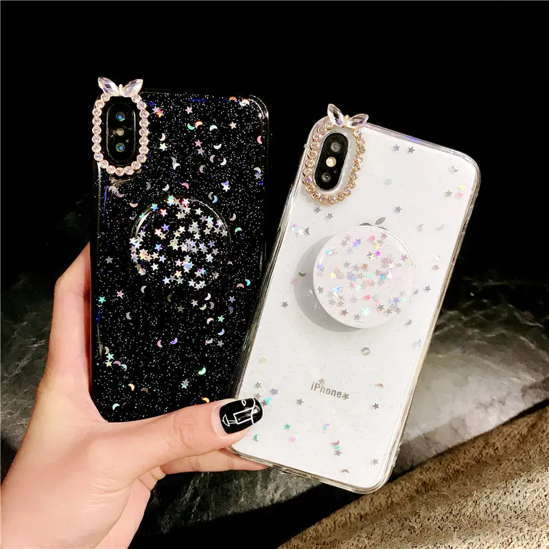 2019 Bling Блеск луны и звезд кронштейн Diamond чехол для iPhone 6 6s 7 8 плюс X XS XR Max Чехол