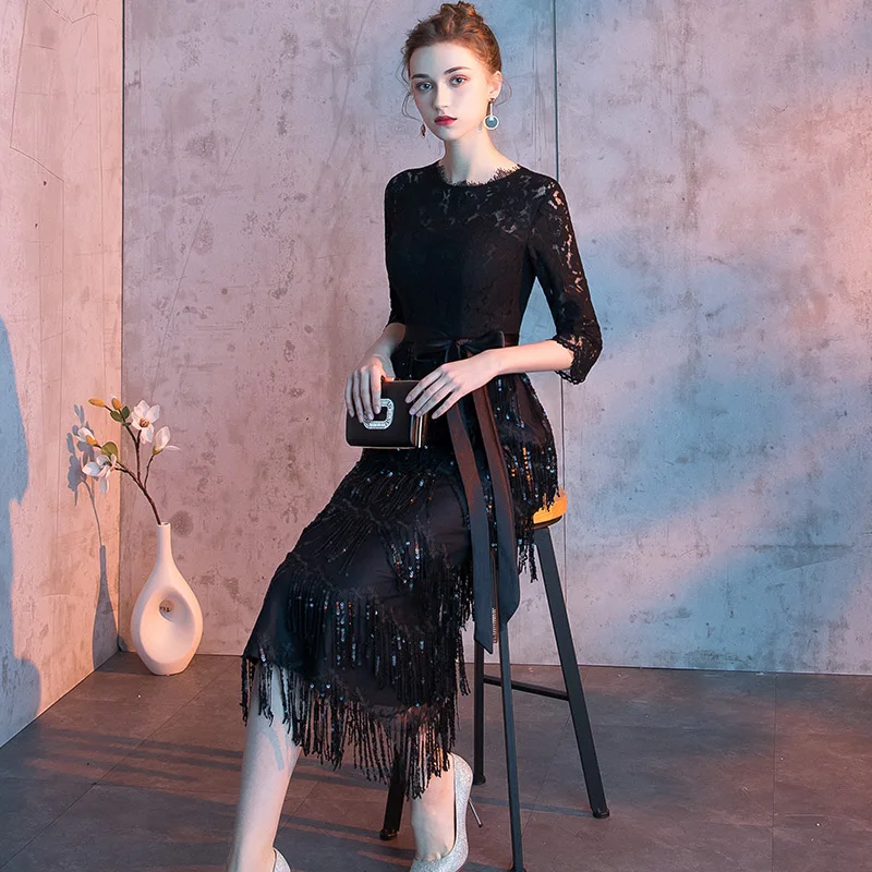 

2021 Elegant Evening Dresses Straight Long Half Sleeve Lace Tea Length Cheap Party Dresses Black Evening Gowns LF234