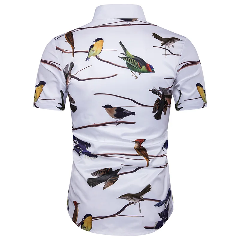Mens Hipster Bird Print Beach Hawaiian Shirt 2018 Casual Slim Fit Short Sleeve Camisa Hawaiana Men Casul Brand Dress Male | Мужская