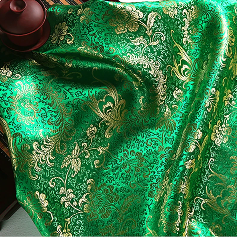 Tela de brocado jacquard para vestido de mujer, tejido de poliéster de alta calidad con fondo verde dorado y cola de Fénix para retazos, 100x90
