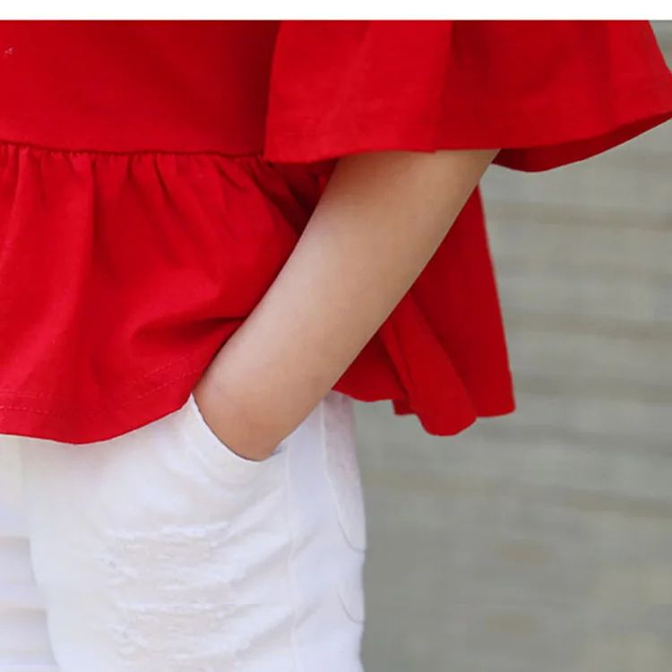 Мода 2019 летние детские футболки с рукавом до локтя Детские красные топы для