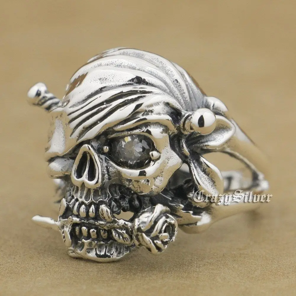 LINSION мужское кольцо с пиратским черепом пиратский череп розовый глаз фианитами