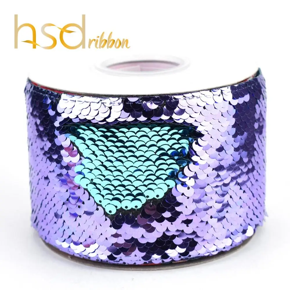 

HSDRibbon factory 75mm 3 inch colorful Sequin Fabric Reversible Glitter Sequin Ribbon 25Yards/Roll