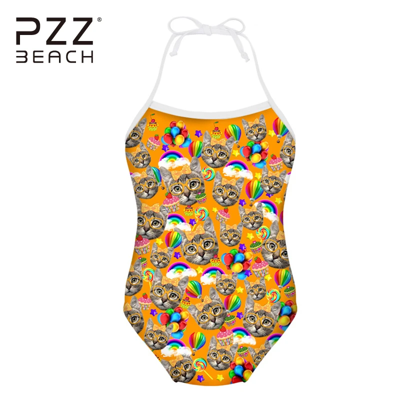 Милый купальник с рисунком кота слитный лямкой детский для девочек спортивная