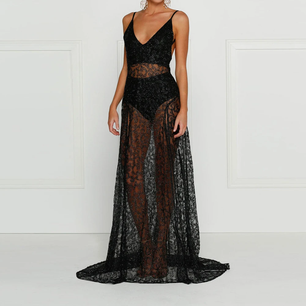 Лето Европейский Стиль Dress Женская Sexy Кружева Вышивка Макси Сплошной Черный