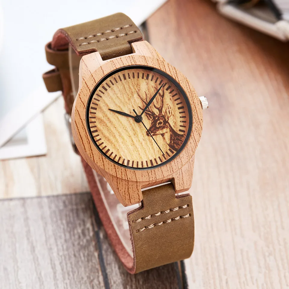 

Женские часы с имитацией дерева, Модные Аналоговые кварцевые наручные часы с ремешком из мягкой кожи, уникальный дизайн в виде лося