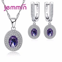 elegant 925 silver jewelry sets for woman gift with dark purple crystal bridal wedding pendants necklace and earrings set