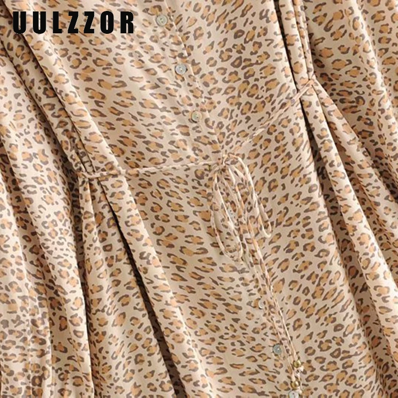 UULZZOR Summer women dress 2019 Leopard print long seleeves O-neck dresses Bohemian beach female casual High cut | Женская одежда