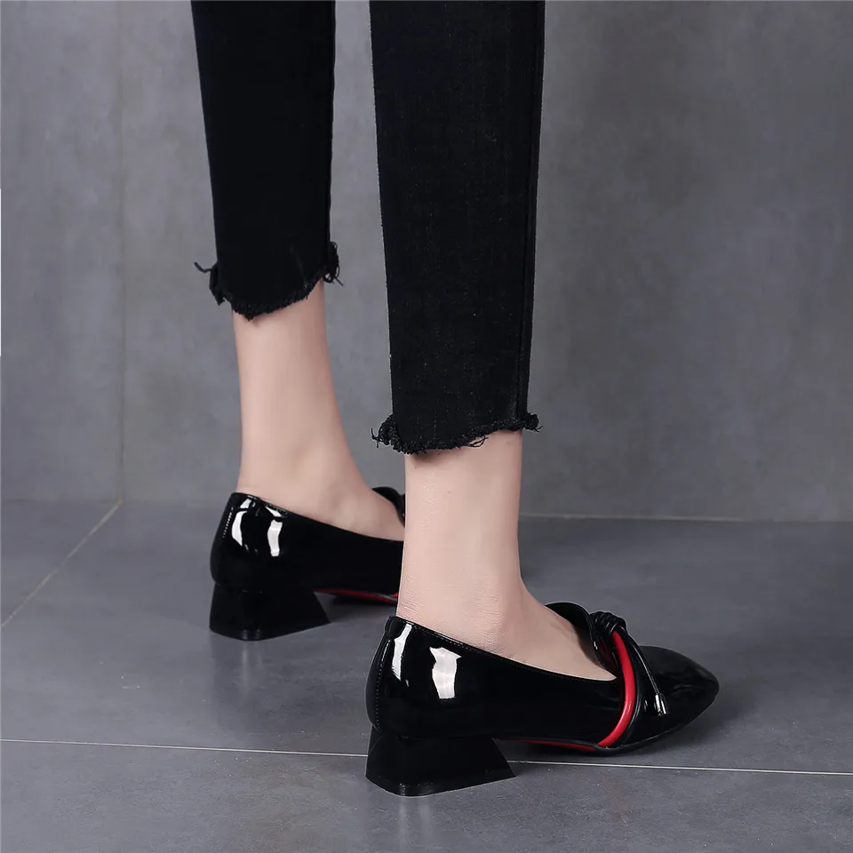 British Women Loafers Red Patent Leather Square Toe Rope Bowtie Flats Slip-on Low Block Heel Mocassins Ladies Smoking Shoes