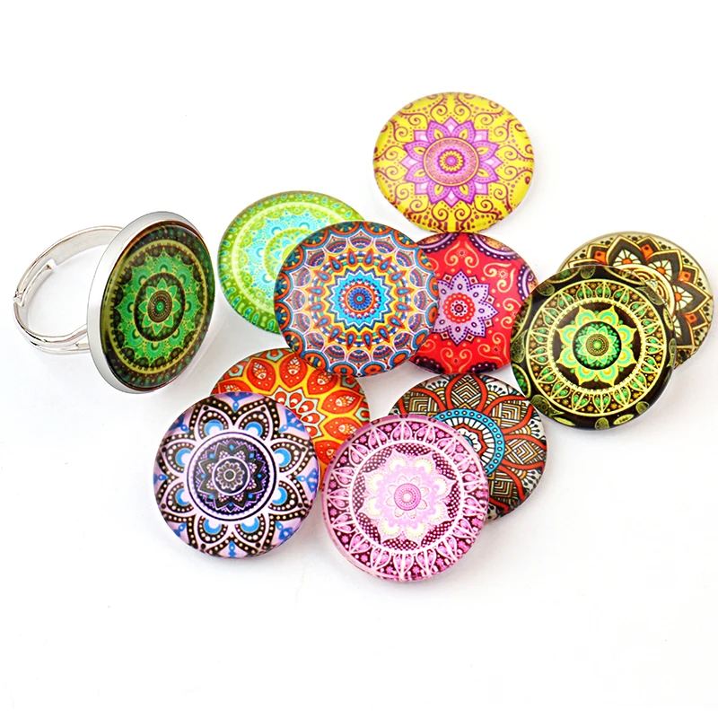 28pcs 16mm Beautiful New Patterned Circular Handmade Photo Glass Convex Dome and Glass Dome Cover Embossed Set