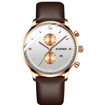 leather White Rose Мужские часы Switzerland BINGER лучший бренд класса люкс водонепроницаемые наручные часы Дата Простые повседневные кварцевые часы для мужчин спортивные часы - Цвет: leather White Rose