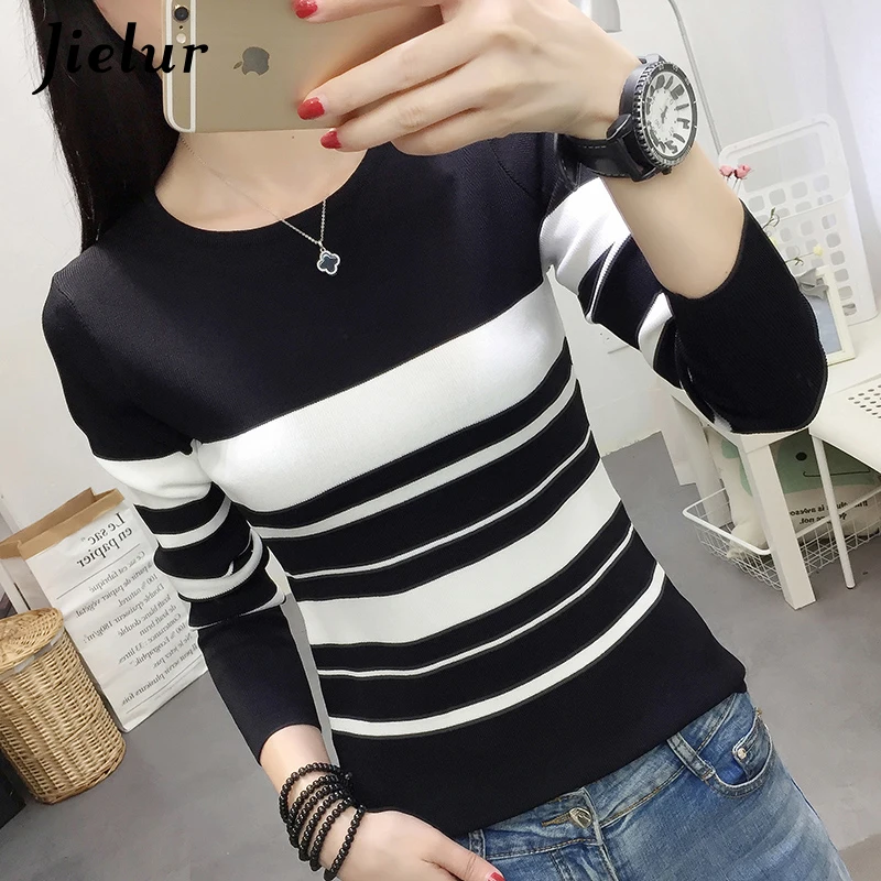 Jielur Korean Sweater Women Long Sleeve Slim White and Black Stripe Pullover Casual Spring Fashion Simple Basic Knitted Sweaters | Женская