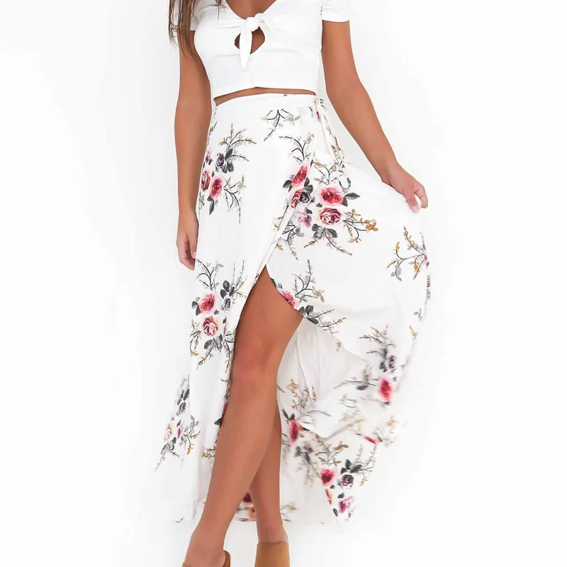 Summer Ruffle Bohemian Skirt Floral Printed Asymmetrical Midi Skirts Womens Sexy Wrap Women Beach Bodycon | Женская одежда