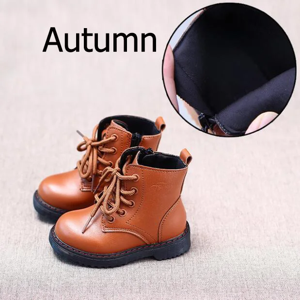 Autumn Brown Г. Осенне-зимние ботинки унисекс из искусственной кожи для мальчиков и девочек Детские Ботинки martin на шнуровке, на молнии, коричневого и черного цвета размеры 21-30 - Цвет: Autumn Brown