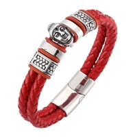 unique red braided leather buddha bracelet men jewelry trendy stainless steel punk wristband magnetic clasps bangles gift sp0103