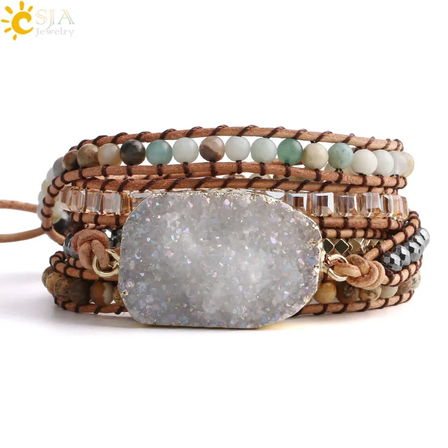 CSJA Boho браслет из натуральной кожи для женщин белый кристаллический натуральный
