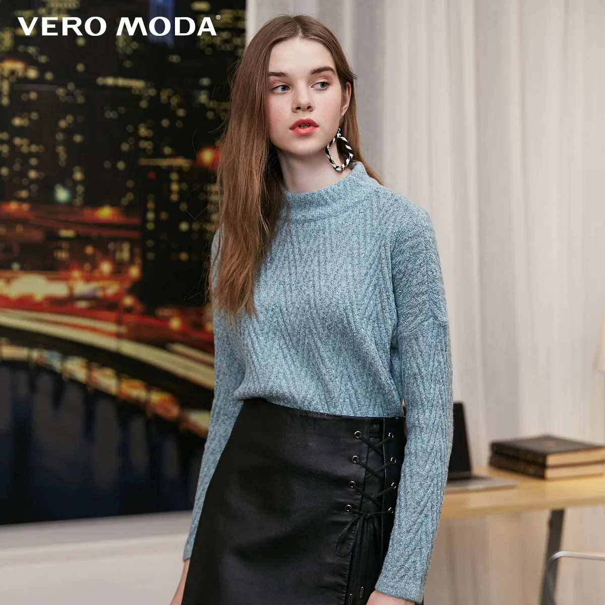 Vero Moda новые женские свитер женский ребристые круглый вырез водолазка нерегулярные подол чистый трикотаж | 318413614