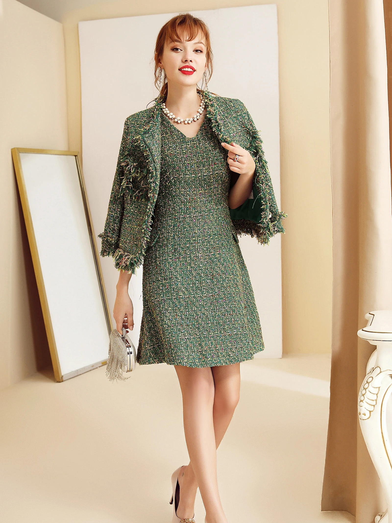 Женский твидовый костюм из двух предметов пиджак + платье весна-осень 2019 | Женская