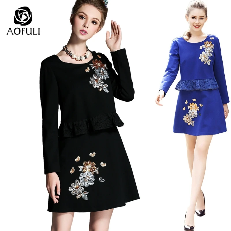 M/XL/3XL/4XL цветочное расшитое блестками дамское кружевное платье с баской Осенняя