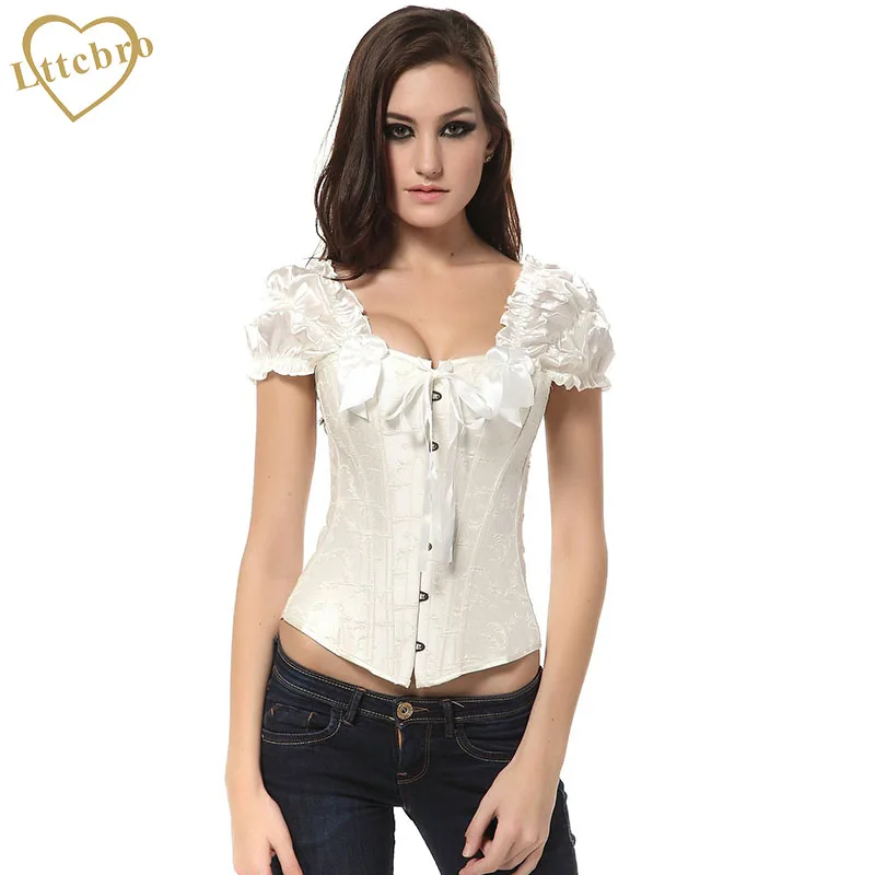 Черный корсет из парчи с рюшами на рукавах сексуальный женский вышитый полностью