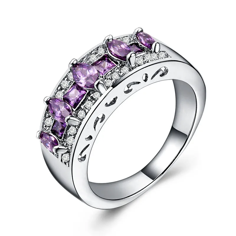 MOONROCY Silver Color CZ Rings Blue Red Purple Crystal Party Ring OL for Women Girls Dropshipping Jewlery Wholesale Gift | Украшения и