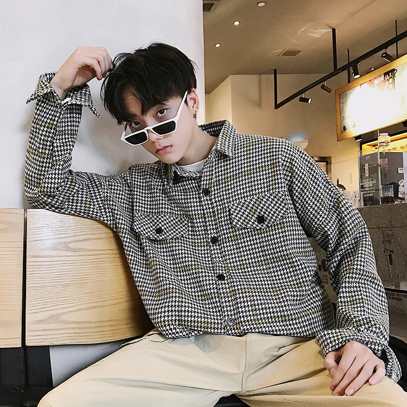 2018 Autumn Men's Lattice Printing Worsted Fabric Shirt Loose Coat Youth Brand Fashion French Cuff Red/yellow/green Shirts M-XL | Мужская