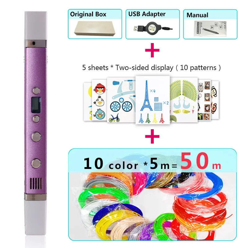 Purple pen Package 3 Myriwell 3d Ручка 3d ручки, светодиодный дисплей, usb зарядка, 3 d ручка smart3d печатная ручка ребенок день рождения present3d печать pen3d модель - Цвет: Purple pen Package 3