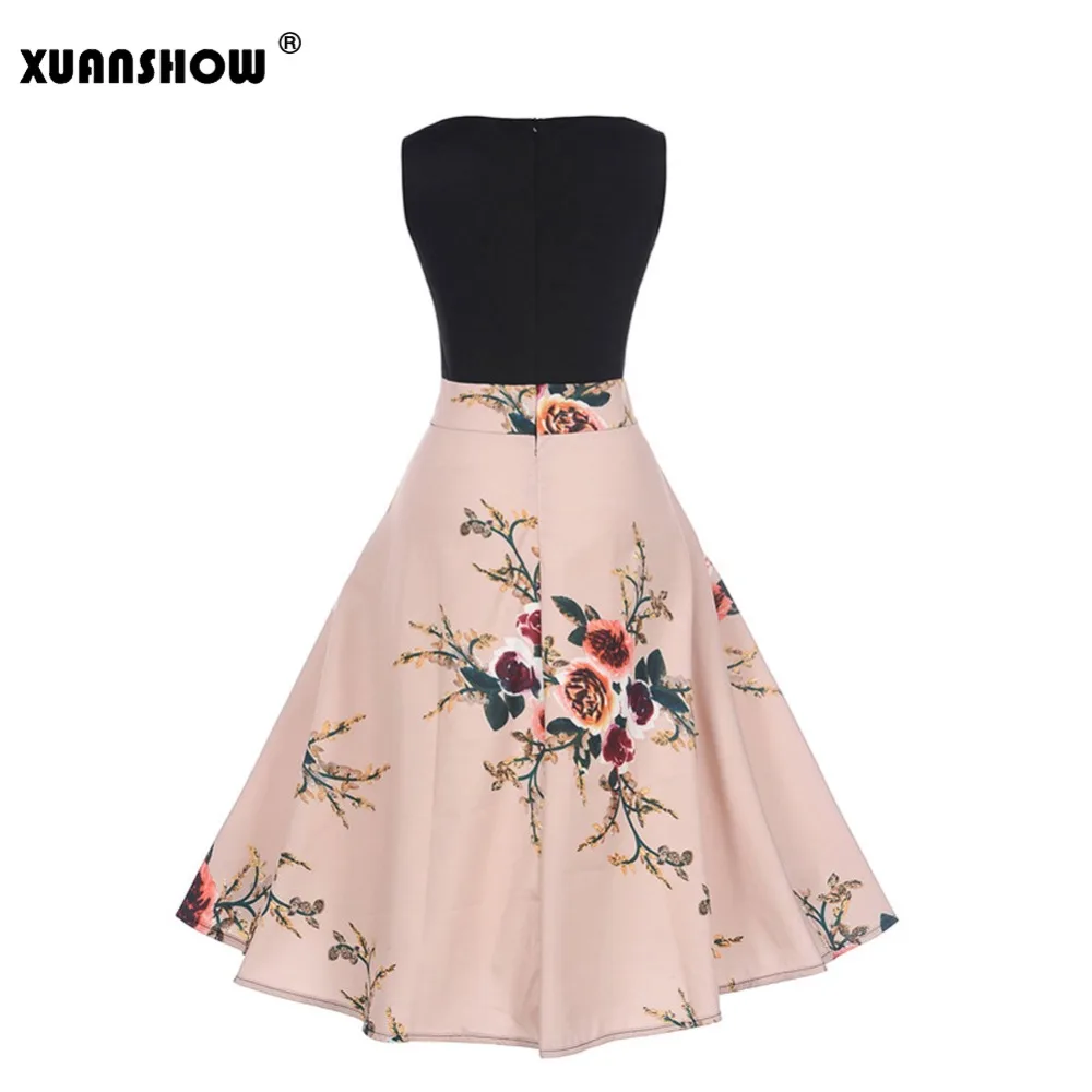 XUANSHOW летнее ретро платье с цветочным принтом 50s 60s винтажное рукавами высокая