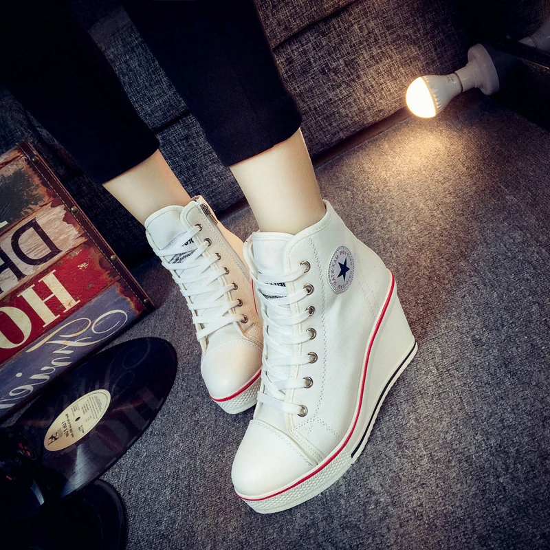 white wedge sneakers Г., модная женская обувь кроссовки на танкетке обувь на платформе с высоким берцем Женская Повседневная парусиновая обувь на высоком каблуке, увеличивающая рост размера плюс - Цвет: white wedge sneakers