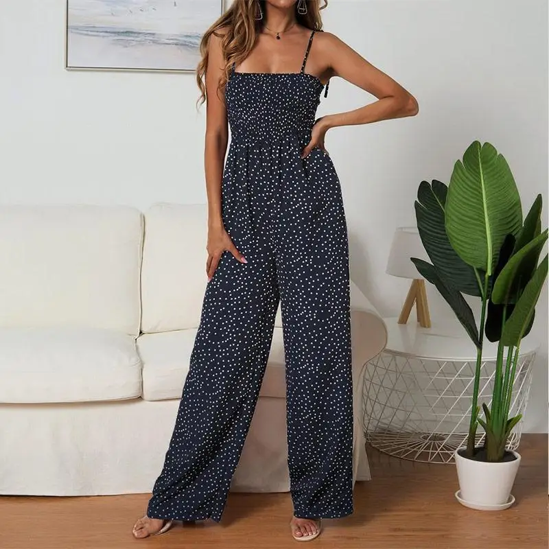 Женский комбинезон в горошек, с высокой талией, Boho, желтый, с бретельками, топ, широкие штаны для женщин, лето, одежда для девушек - Цвет: blue