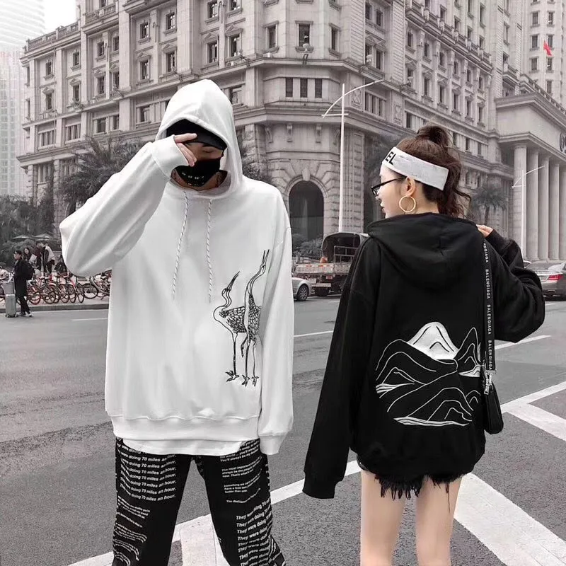 Японский уличный журавль толстовки хип-хоп стиль балахон влюбленные свободные