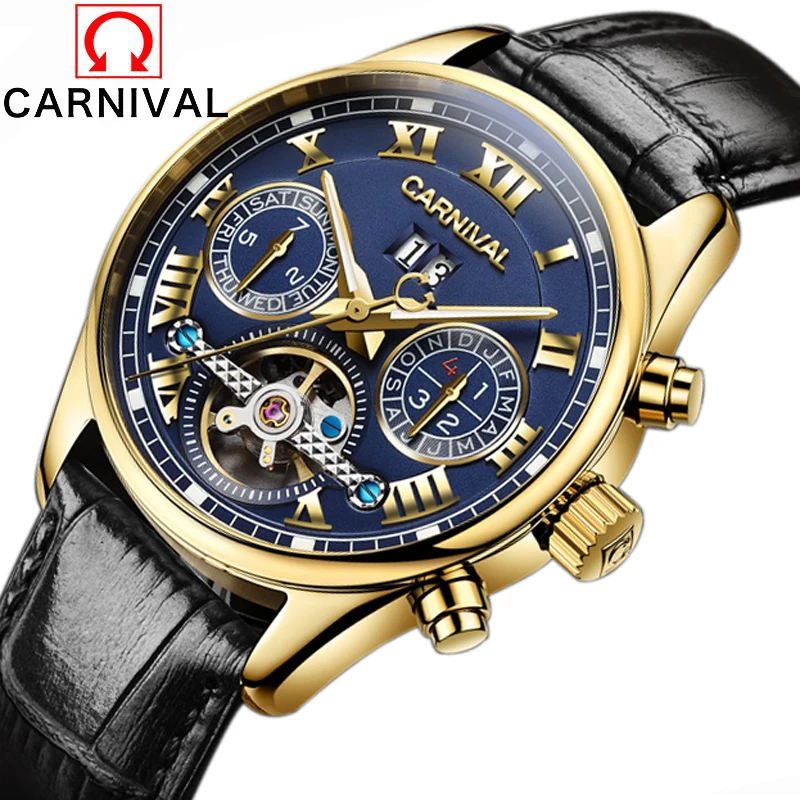 

Men Watches Top Brand Carnival Luxury Military Sport Luminous Clock Genuine Leather Strap Automatic Mechanical Tourbillon Watch