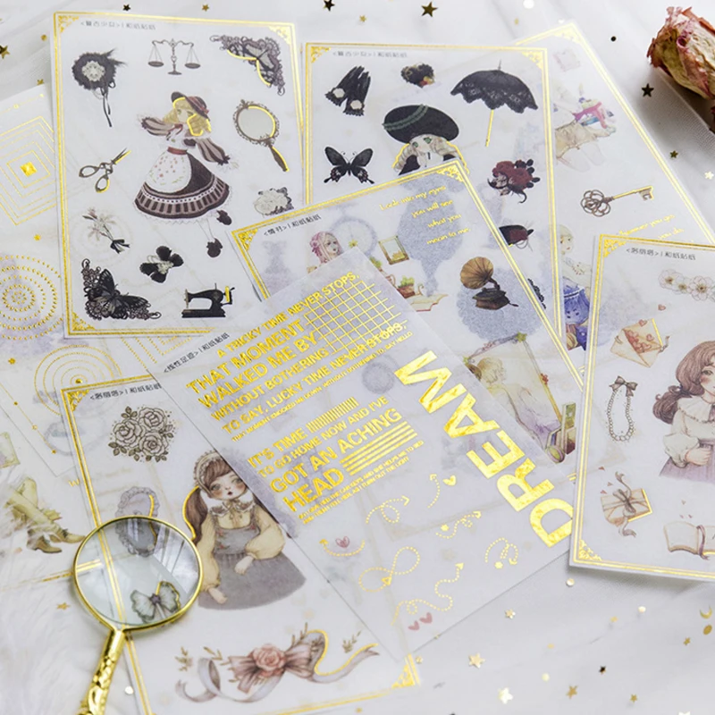 6 листов/упаковка винтажные Стикеры из золотой фольги|stickers retro|stationery stationerystickers