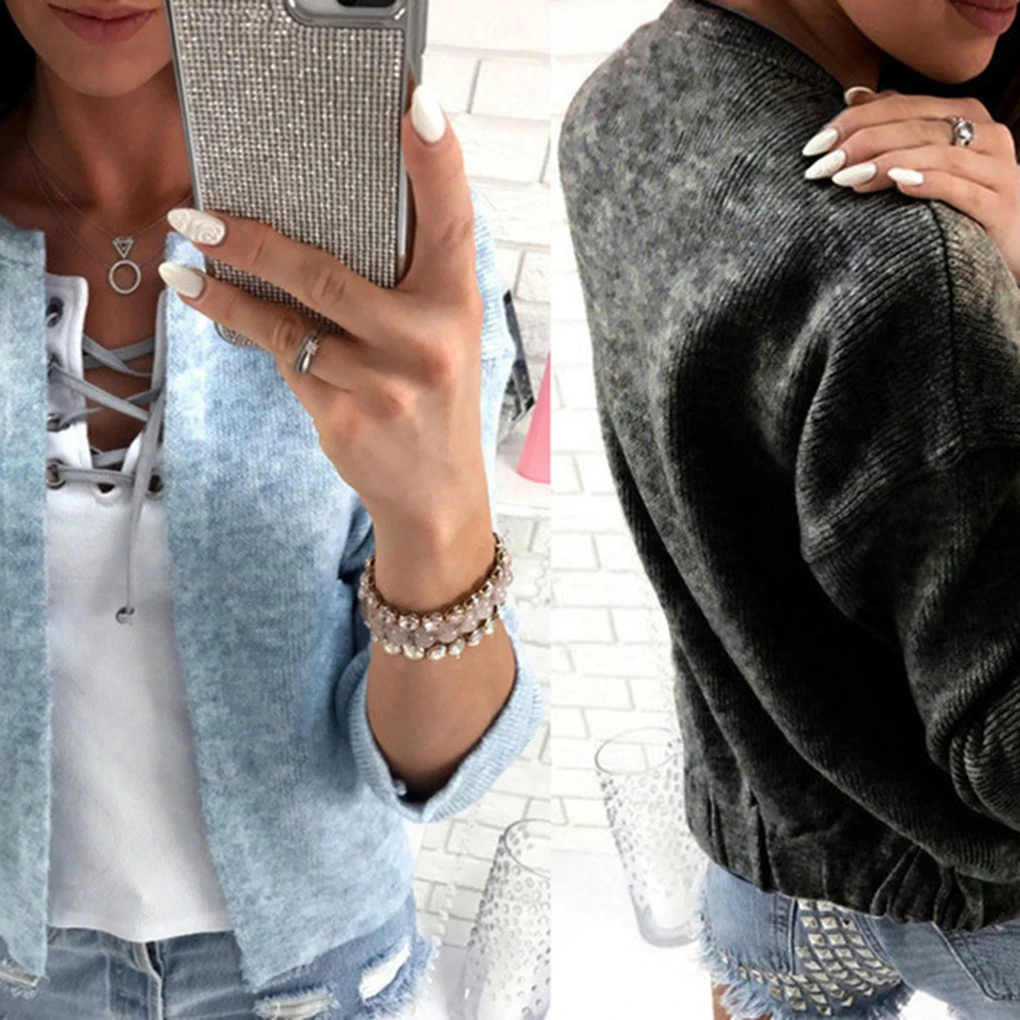 Newest Women 3/4 Sleeve Cardigan Sweater Spring Autumn O-neck Slim Knitted Short Coat Black Blue Temperament |