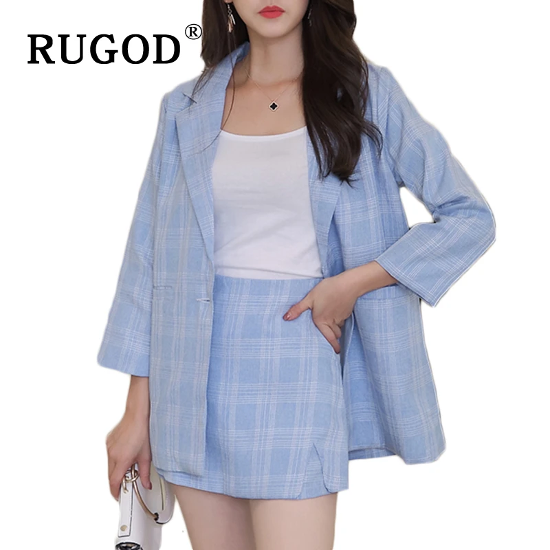 Женский Повседневный костюм RUGOD из 2 предметов Элегантный Синий Клетчатый жакет и