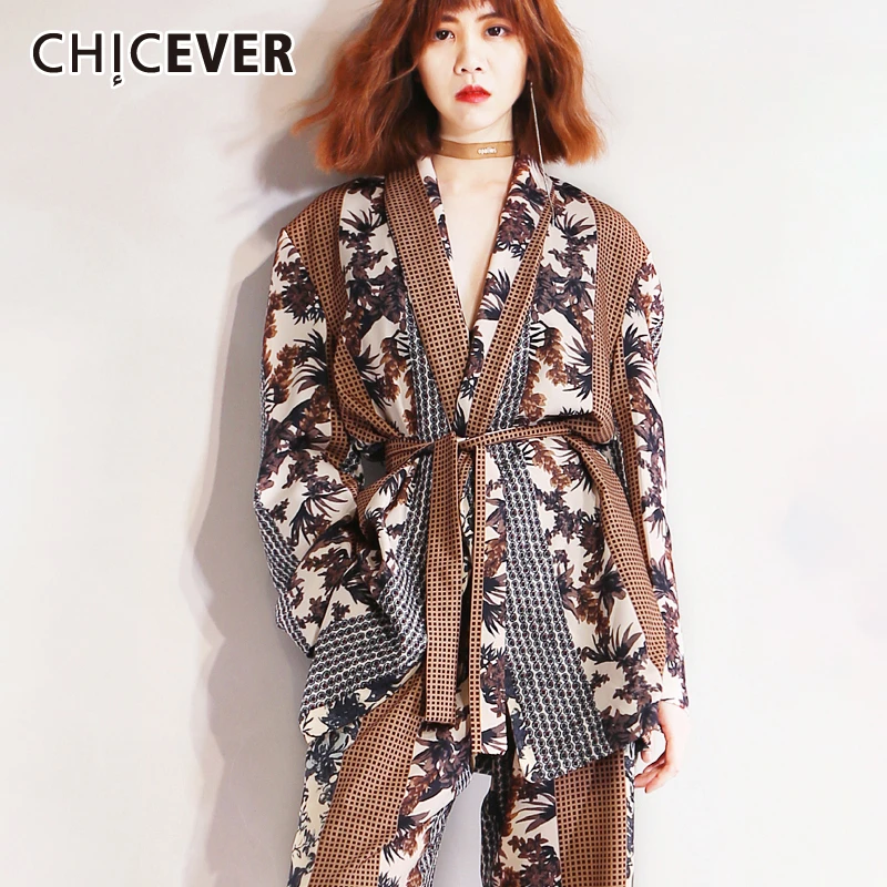 Женский клетчатый костюм CHICEVER с длинным рукавом и поясом для пальто свободные