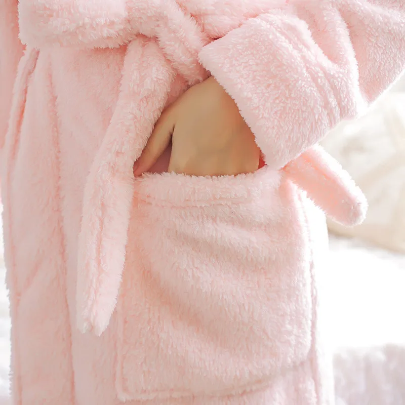 

Autumn Winter Women Sleep Robe Cute Female Hooded Bathrobes Long Sleeve Sleepwear Female Embroidered Pyjamas Bandage Lounges H