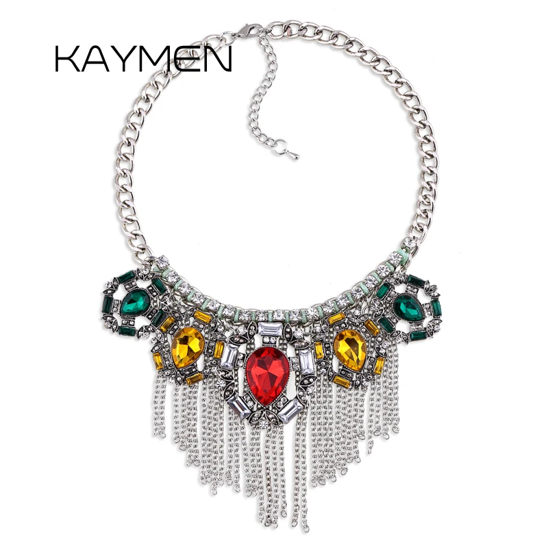 

KAYMEN Vintage Tassels Statement Crystals Necklace for Women Handmade Bohemia Chunky Bib Chokers Costume Jewelry Wholesale