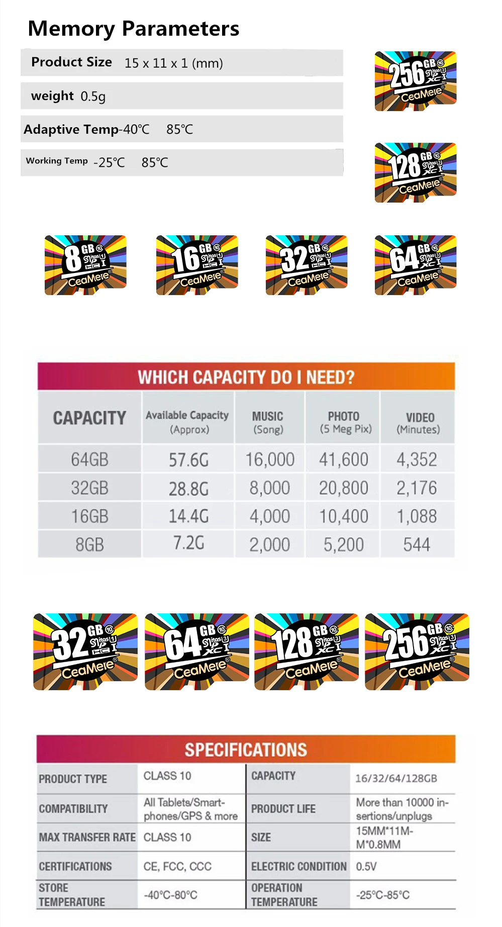 CeaMere Micro SD карта класс 10 UHS-1 8 Гб класс 6 16 Гб/32 ГБ U1 64 Гб/128 ГБ/256 ГБ U3 карта памяти флэш-память Microsd для смартфона