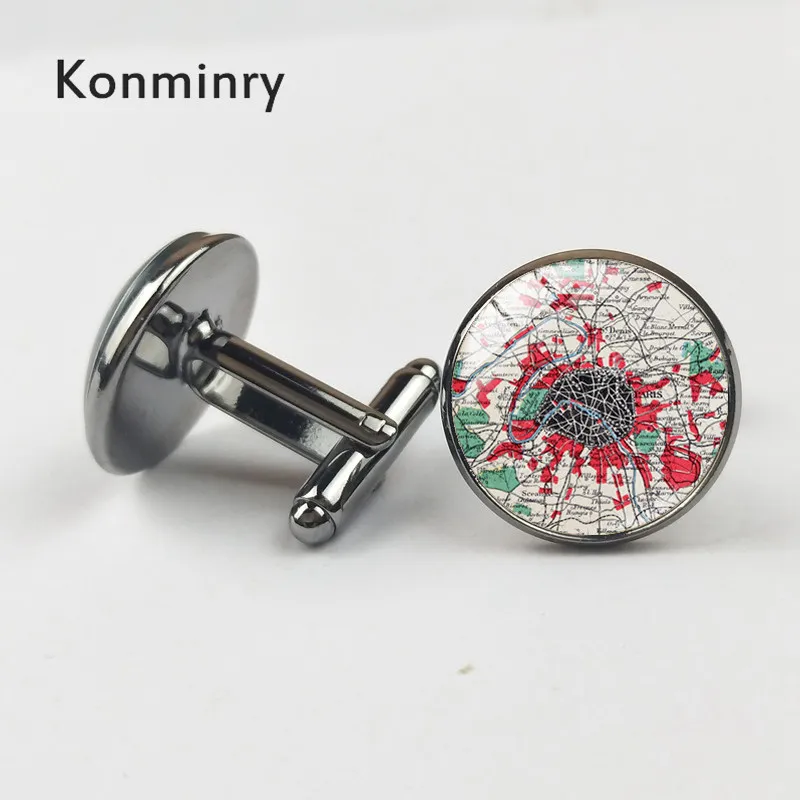Konminry Винтаж Париж, Франция карта Запонки Красный зеленый компас узор Круглый Стекло Подвески Для мужчин рубашка костюм Запонки Свадьба