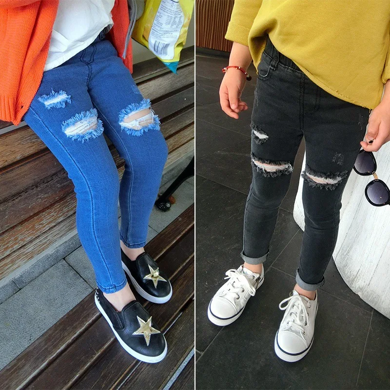 

2016 New Autumn Jeans Girls Kids Cotton Skinny Children Pants Girl Black/Blue Ripped Jeans for 2-8 Years Fashion Kids Jeans