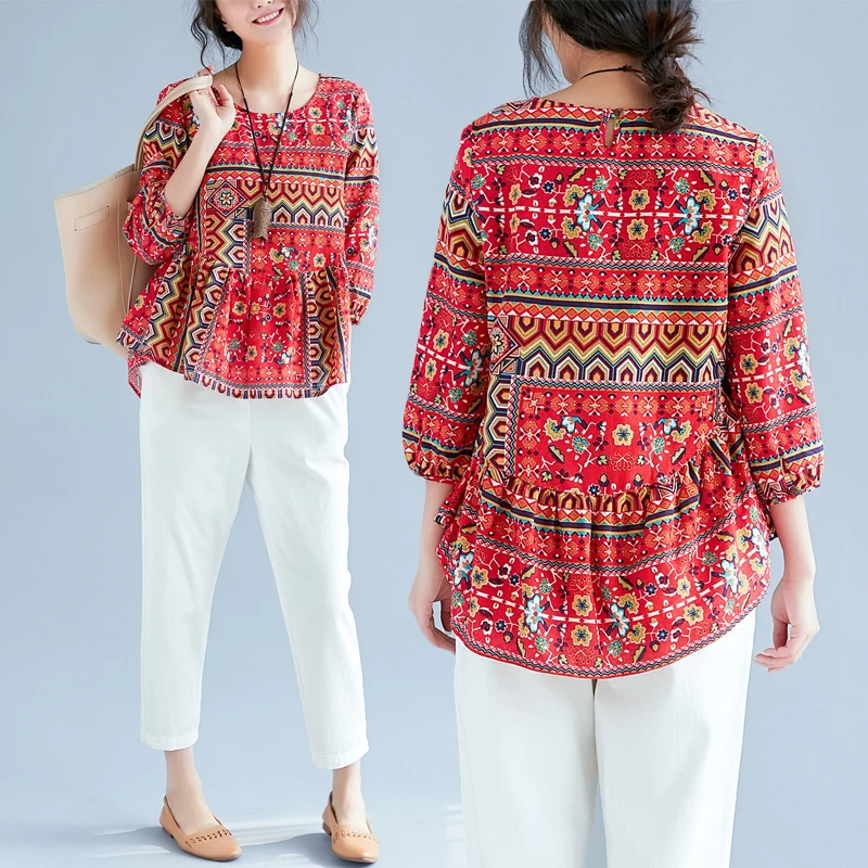 Boho Стиль принт Для женщин топы и блузка 2018 Осенняя мода Фонари с длинными
