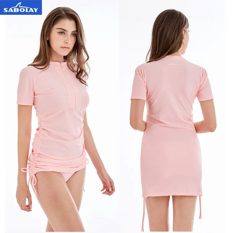 SABOLAY Women Rash Guards Quick Dry Swimwear Female Swimsuits Bodysuit Short Sleeves Beach Bathing Suits Skirt And Underpants | Спорт и