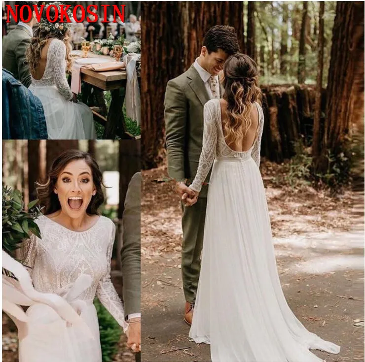 

Unique Design Lace Bohemian Wedding Dresses 2019 Long Sleeves Backless A Line Chiffon Summer Boho Chic Rustic Real Bridal Gown